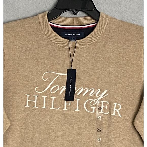 Tommy Hilfiger Men's XS Signature Crew Neck Sweater Embroidered Logo Beige NEW - Picture 3 of 12